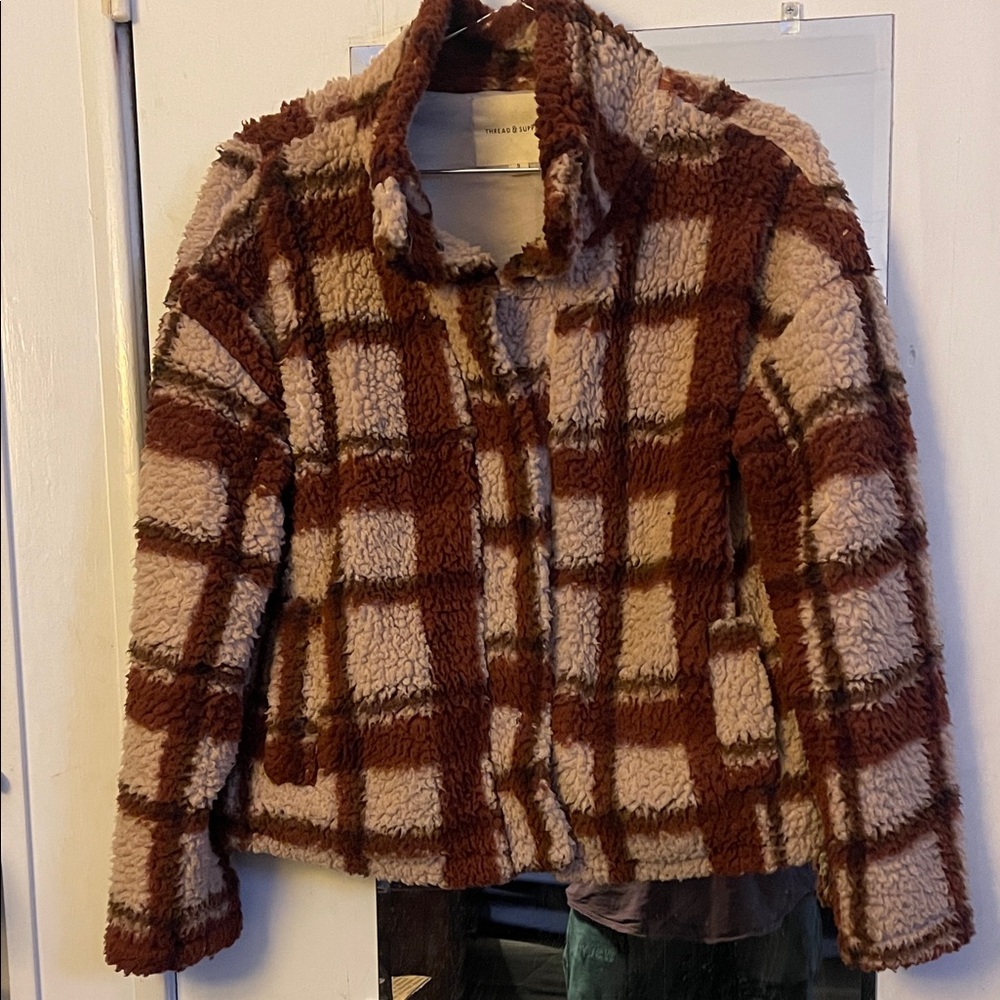 Thread & Supply. Reddish Brown and Cream Checkered Teddy Jacket